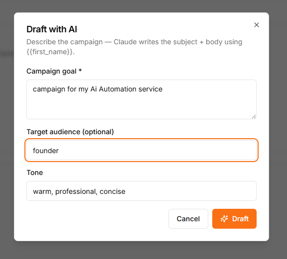 Draft with AI modal asking for campaign goal, audience, and tone
