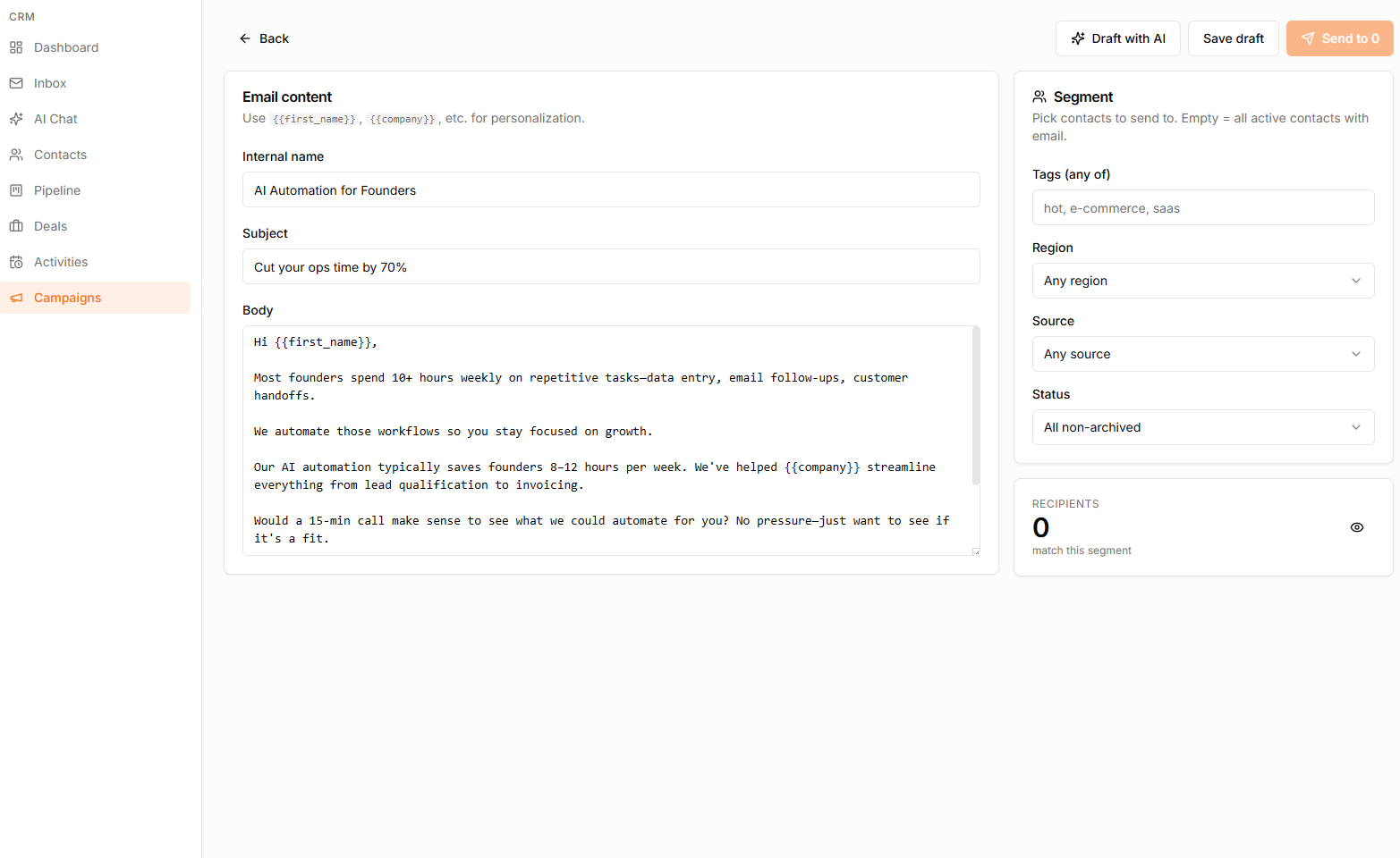 AutomaQue CRM campaign editor with Draft with AI controls and audience segment filters
