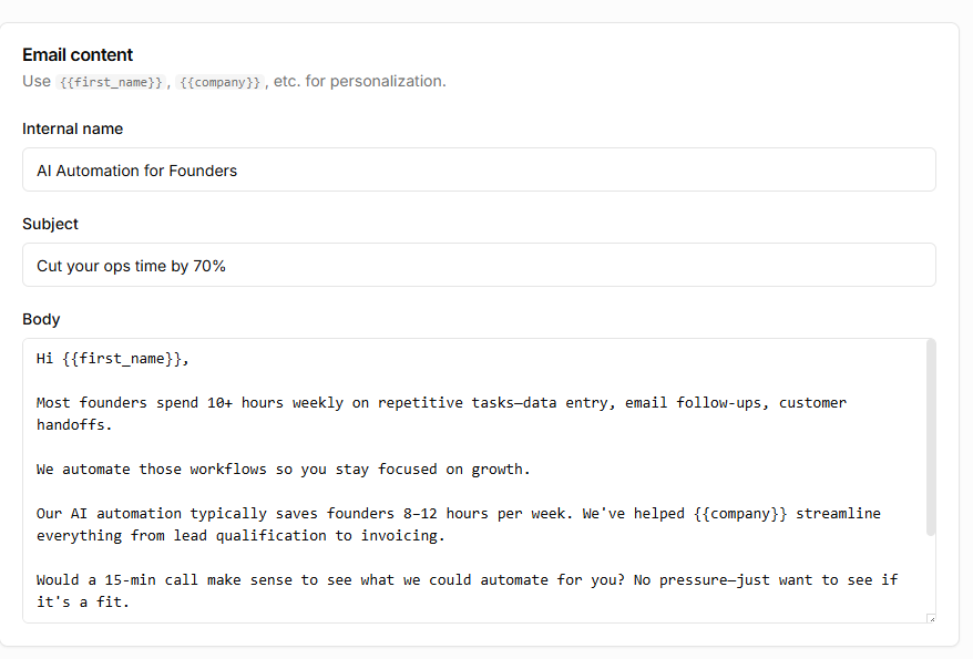 Generated email campaign content with personalized first name and company placeholders
