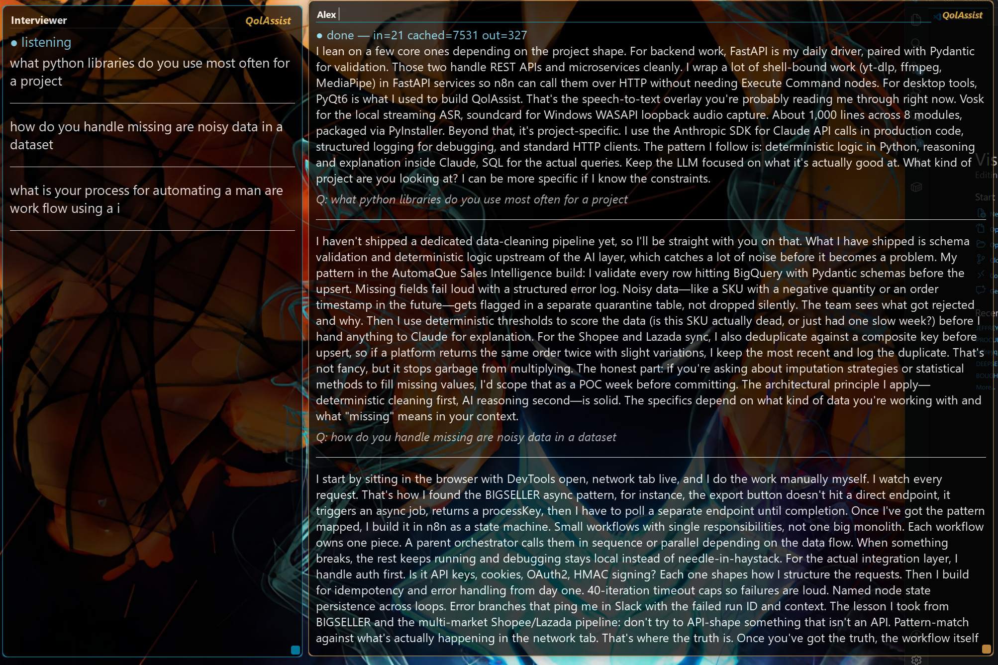 QolAssist desktop overlay with live interviewer transcript and Claude answer panel