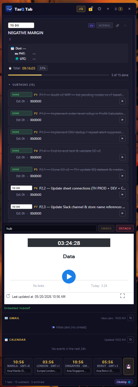 TasQ Tab desktop panel showing subtasks, embedded Hubstaff timer, Gmail status, Calendar widgets, and ClickUp sync