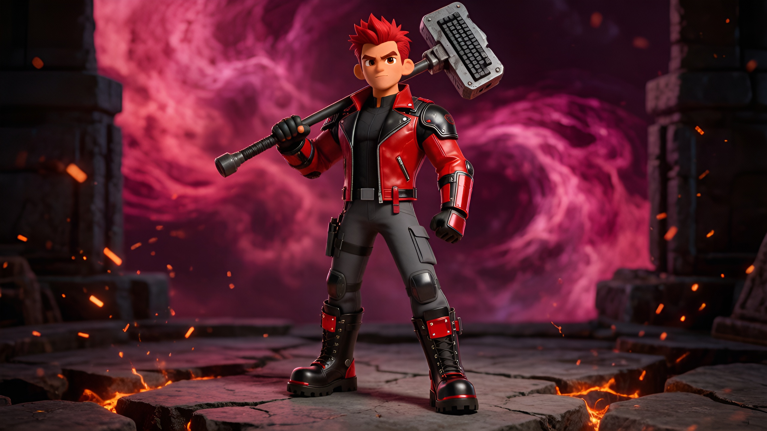 Forge holding a keyboard hammer in a red nebula forge chamber
