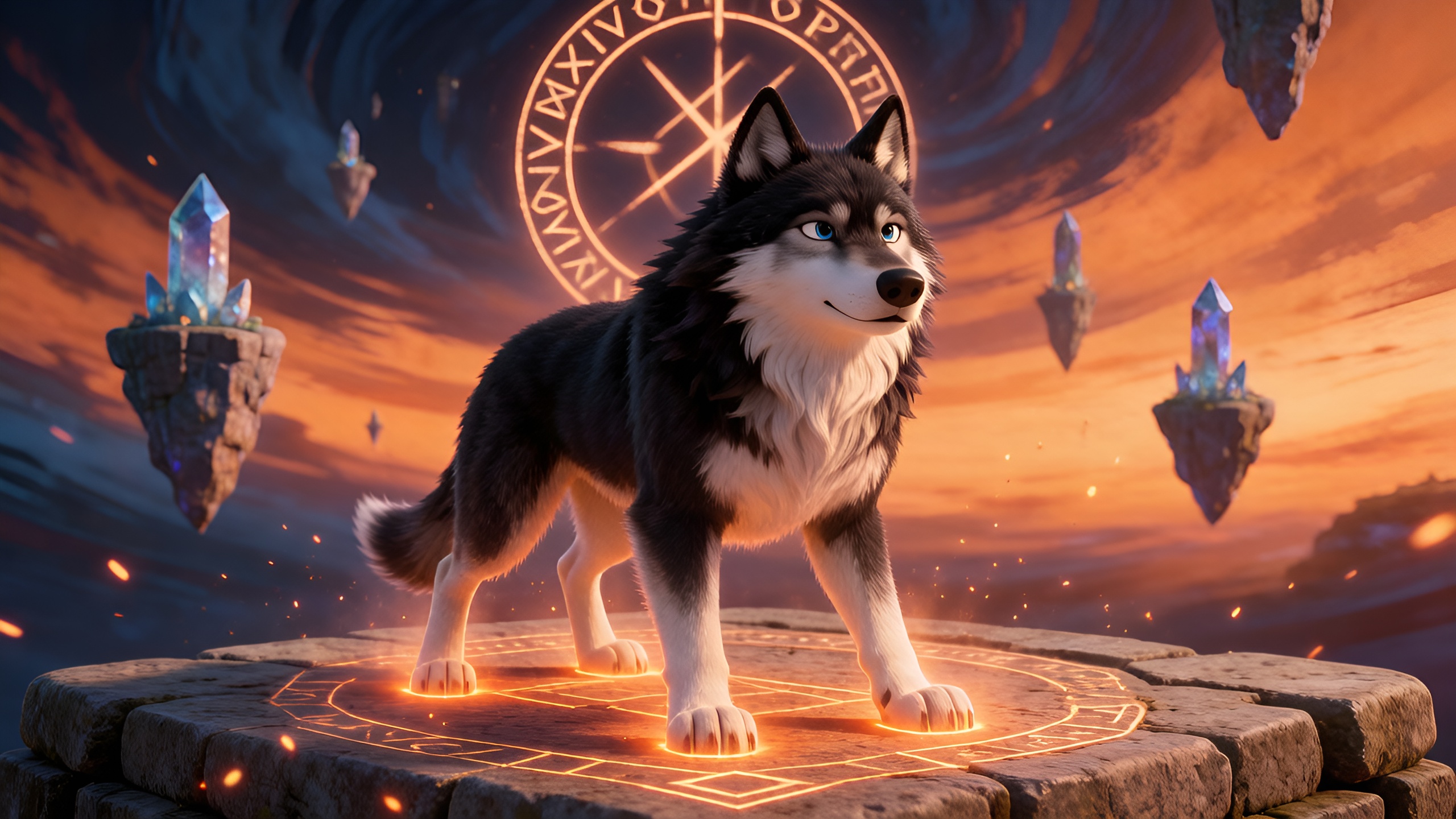Hiru, a black and white wolf etched with glowing runes