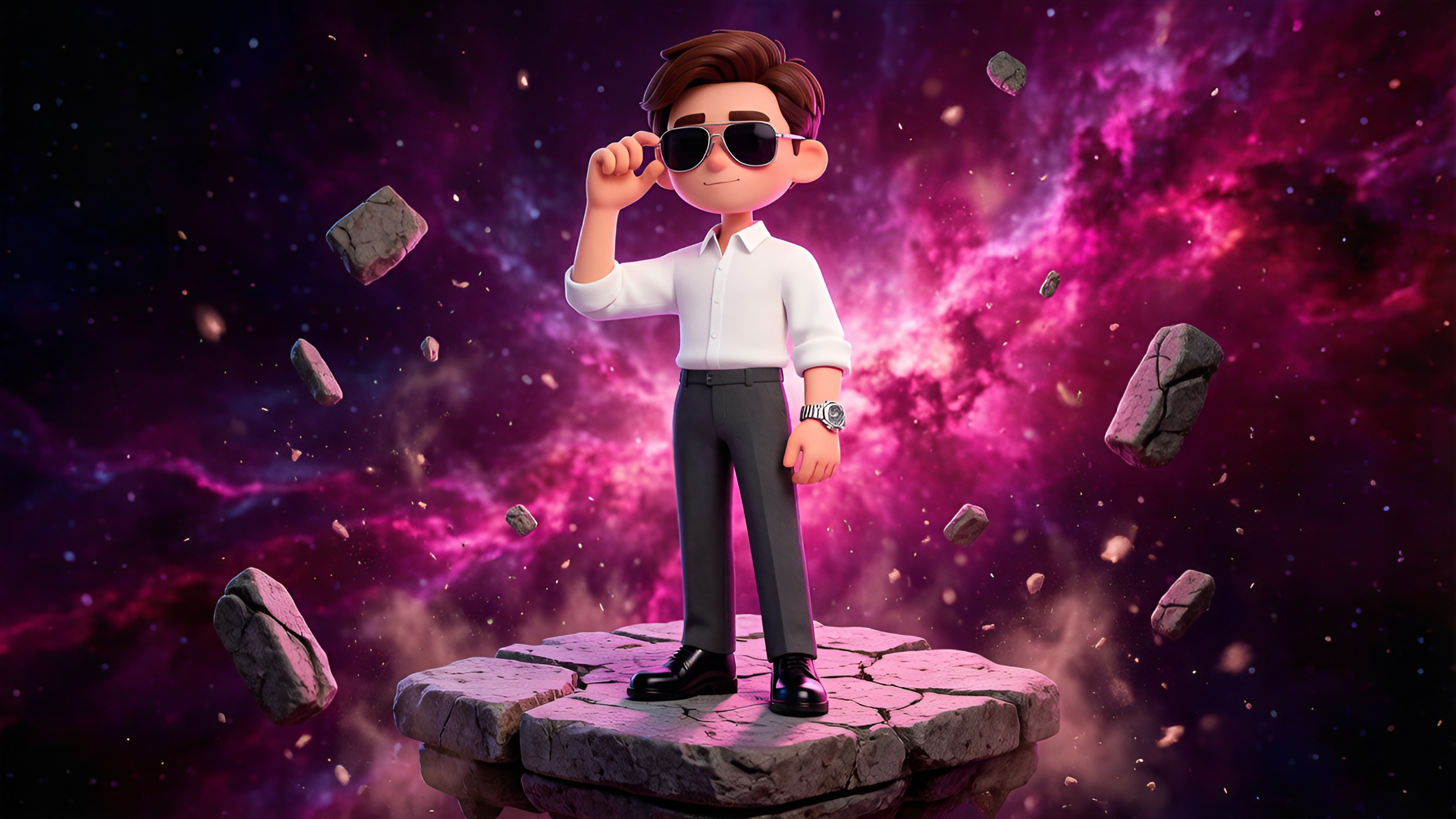 Jeffrey standing on a floating platform in a magenta nebula horizon