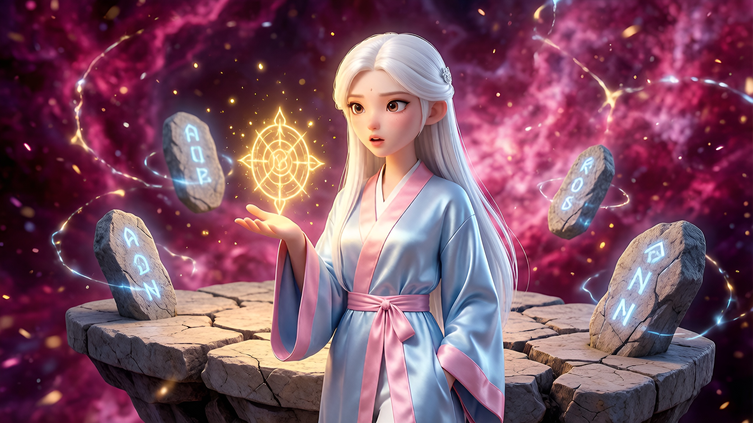 Rune holding a golden sigil while floating runestones circle her